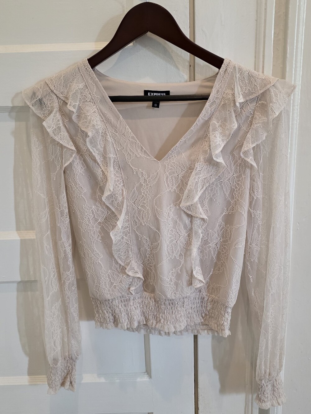 Express Blush Lace Ruffle V-Neck Long Sleeve Top